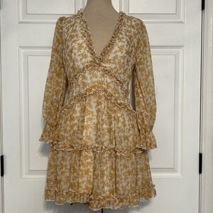 Saints+Secrets Floral Chiffon Tiered Ruffle Dress Boho Cottagecore Puff Sleeve S